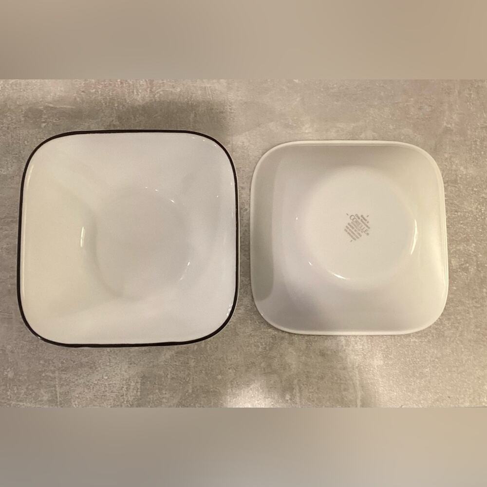 Corelle Square Cereal Soup Bowls (3) With Black Stripe Around Rim, Simple Lines.